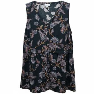 J. Jill Floral Paisley Button Down Sleeveless Blouse Black Tiered Top Size M